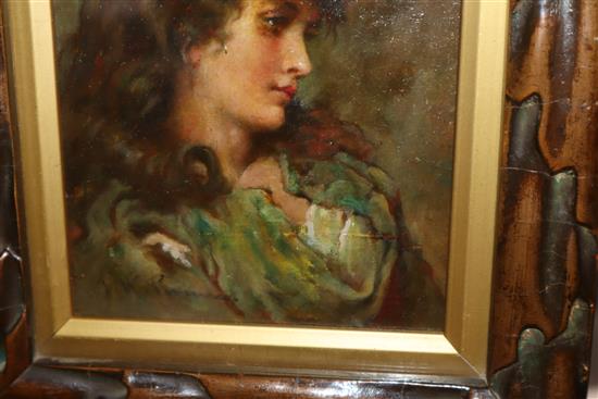 J* M* P*, Head and shoulder portrait of a young lady wearing a green dress, oil on board, 14.5 x 12cm